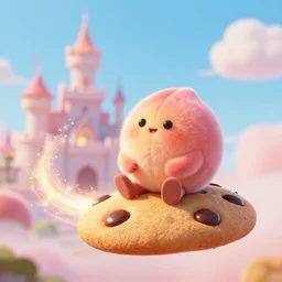 fuzzy creature sitting on a flying chocolate chip cookie blasting through peach's castle leaving a sparkling trail behind, movie still from inside out, close up, hyperion render, ray - tracing, trending on artstation, 4 k