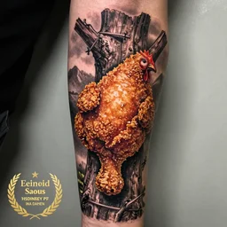 A detailed professional tattoo of fried chicken nailed to a tree