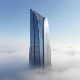 singular!!! cyberpunk skyscraper rising from an opaque carpet of fog in an otherwise clear sunny day. lateral view showing the building from top to bottom. dynamic perspective, sharp focus, crisp lines, surrealism, concept art by dom qwek, trending on cg society, neofuturism, futuristic, volumetric lighting, aesthetic. digital matte painting