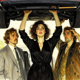 strongest female hold car overhead. pencil and ink by artgerm, cushart krenz, greg rutkowski and alphonse mucha. dramatic lighting