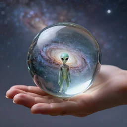 the milky way galaxy inside a crystal marble in the hand of an extraterrestrial boy