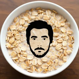 a bowl of oats with the face of musician john oates floating in the middle, face icon, stylized, minimalist, hyper realistic