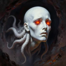 painting by wayne barlowe of a flying sorrowful looking severed human head with tears running down it's eyes, face that is chalk white in color, with long sprawling white tentacles stemming down it's neck, fiery scorching red eyes, flying in a terrying hellish dark cavernous place