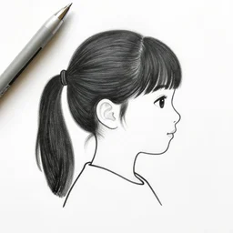 a wb plotter drawing 3 / 4 profile portrait 4 5 years old japanese woman, white and black, one single line, clear line art, low poly, very contrasted, black ink, smoke and fog around, close up view - n 4