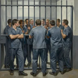 hyperrealism painting of prisoners scheming to escape prison