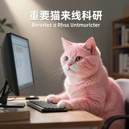 a pink cat working at a computer, doing important cat related research