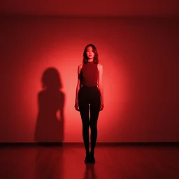 she stands in the room, the red light from above defines her perfect shape in the shadow she casts across the floor below