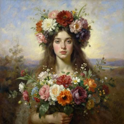 portrait oil painting, a beautiful young woman, floral headdress bouquet, a bouquet of flowers, long hair, ultra realistic, wide angle, intricate details, artifacts, luminous skies, highly detailed, michael cheval, peter mohrbacher, boris vallejo, jessica rossier, oil painting, highly detailed, cinematic lighting