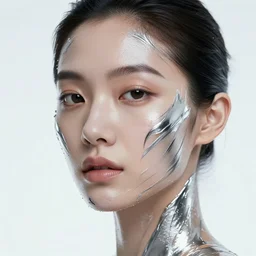 asian - european woman closeup face portrait, face covered with chrome liquidy stripes ethereal, futuristic, highly detailed face, elegant pose, intricate, beeple cgsociety, extremy detailed, cgsociety, unreal engine, octane render, highly detailed 4 k art