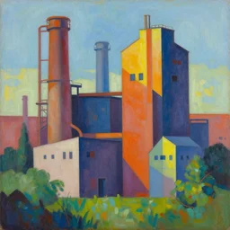 colorful geometric abstract painting of industrial buildings surrounded by undergrowth by clarence holbrook carter