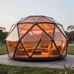 photo of an innovative living pod, orange and black colour palette, geodesic structure, generative design