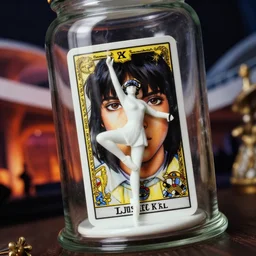 cinestill 5 0 d, 8 k ; esoteric ultra realistic major arcana in kagemusha ( 1 9 9 0 ) film still flaming stage dj scene in frontiers in product porcelain photography fashion film still june seinen manga closeup portrait edition, hyperrealistic real - life smoldering tarot card porcelain occult figurine in victorian glass jar, pointe pose, eye contact, tilt shift wide shot zaha hadid background