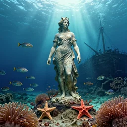 a statue at the bottom of the sea, fishes swimming, anemones and starfish, an old shipwreck, mc escher, gordon onslow ford, georgia o'keeffe and ivan aivazovsky, cinematic light, god rays, colourful, unreal engine, zbrush central,