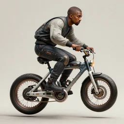 hyped kanye west riding his futuristic neo solar punk minimal intricate technology aesthetically pleasing hovering bike, highly detailed, masterpiece, neo classical art, rembrandt lighting, digital art