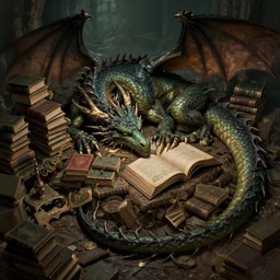 A huge dragon sleeping on a hoard of books, by Randy Vargas. High angle. low light. Trending on Artstation. HQ