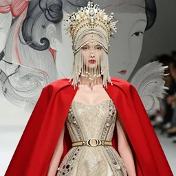 a female character design wearing high fashion, beads hanging over her face like an alexander mcqueen headdress, haute couture, dior, and a red cape by kawase hasui, moebius, hd, 8 k, artstation, high quality, ultra detailed