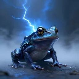 character design, dark frog, blue lightning!!!, blue mist, fog, scary, photorealistic, cinematic, hyper realistic, octane render, 8 k, wide angle