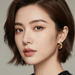 portrait of a beautiful woman with short brown hair and gold earrings, hyper realistic, hyper detailed, beautiful