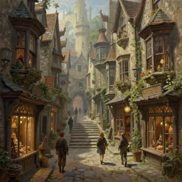 a busy street within a fascinating old fantasy city, quirky shops, narrow streets, old buildings, old stone steps, street life, by Sylvain Sarrailh,  cinematic, stunning composition, beautiful detailed digital painting, oil painting,  dungeons and dragons, lord of the rings