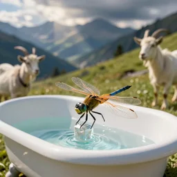 dragonfly in a bathtub in the alps, goats! in background