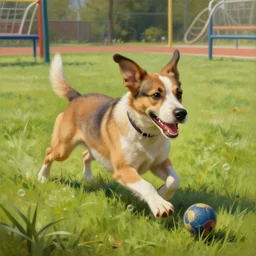 Painting of an excited dog chasing after a ball in a playground running through the grass, intricate, elegant, highly detailed, centered, digital painting, artstation, concept art, smooth, sharp focus, illustration, by (Leonardo da Vinci), WLOP