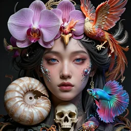 goddess close-up portrait. orchid bird phoenix head, nautilus, skull, betta fish, bioluminiscent creatures, intricate artwork by Tooth Wu and wlop and beeple. octane render, trending on artstation, greg rutkowski very coherent symmetrical artwork. cinematic, hyper realism, high detail, octane render, 8k