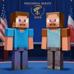 Still image from the 2024 Presidential Debate between Barack Obama and Steve from Minecraft, photorealistic painting, trending on artstation
