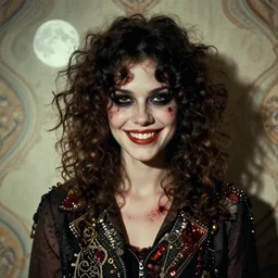 a handsome but creepy, sinister, smiling young woman, with haunted eyes and curly hair, wearing punk clothing, 1 9 7 0 s, seventies, wallpaper, a little blood, moonlight showing injuries, delicate embellishments, painterly, offset printing technique, by brom, robert henri, walter popp