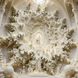 a hyperrealistic 3 d render of a massive mandelbrot fractal cathedral interior carved out of ivory and populated entirely by mandelbrot fractals, carved ivory, carved soap, carved stone, white color scheme, opalescent, hyperrealistic, octane render, catholicpunk, angelic, fractals, photorealism