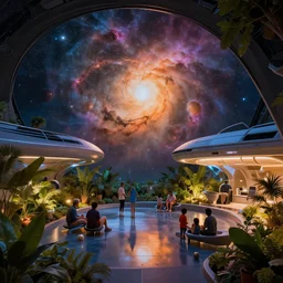 spaceship viewing deck, beautiful nebulas, dramatic warm and cold lighting. by zaha hadid and airbus, families enjoying themselves, lush plants, architectural photography, 8 k, realistic lighting, reflections, bloom, hyperdetailed environment, pbr materials.