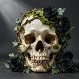 overgrown skull inspired by René Laloux,Dan Mumford,twisted ivy vines,moss,black roses