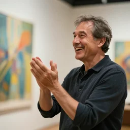 a middle aged man clapping excitedly when he sees ai create art