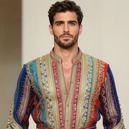 a close up photo of a handsome man wearing a majestical colorful dress