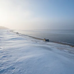 winter landscape, ice, mist, sea coast