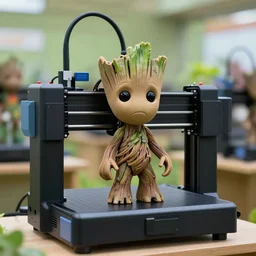 groot with sad face at a 3 d printers farm, focus on 3 d printer, sharp focus,