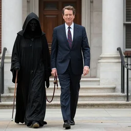 Richard Nixon being walked on a leash by the grim reaper, 4k