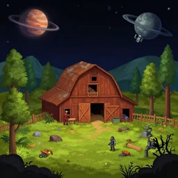 inside a farm barn, on a remote planet, from a space themed point and click 2 d graphic adventure game, set design slightly inspired by hg giger and tomb raider, art inspired by thomas kinkade