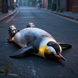 A mecha penguin layed down in a street road, with the lights on, 8k resolution, hyperdetailed, cinematic lighting,by Simon Stålenhag