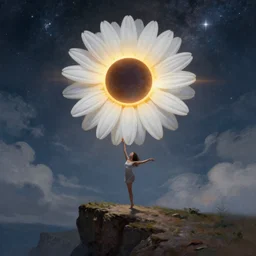 big white daisy flower on head, girl dancing on cliff, surreal photography, solar eclipse, milky way, dramatic light, impressionist painting, clouds, digital painting, artstation, james gilleard, liam wong, jeremy mann, simon stalenhag