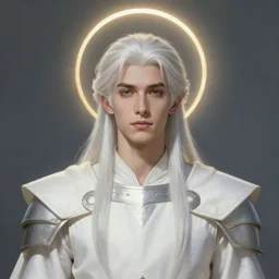 portrait of a young beautiful calm and pious male aasimar paladin halo:15 above head with medium length white hair wearing white vestments under armor, pensive and hopeful expression, cinematic light, symmetrical face illustration, painterly, Greg Rutkowski:9, intricate, masterpiece, clean shaven, fantasy, 8k