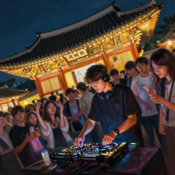 a young party with dj at a korean temple at night, temple lights, tilt shot, detailed painting by paul lehr