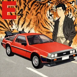 a red delorean, tiger stripe backdrop, art by hsiao - ron cheng and utagawa kunisada, magazine collage, # e 4 e 6 2 0, # de 9 5 f 0