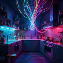 A kitchen, neon, RGB, glowing wires everywhere, by Edgar Maxence and Ross Tran, Zdzisław Beksiński, and Michael Whelan, distant, gustav dore, H.R. Giger, 8k, octane render