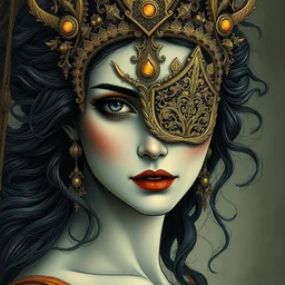 woman portrait, head on face, foreground, volumetric, wearing a carved half mask with incrustations, astral godness vishnu, ethereal, elements, baroque, rococo, ink, tarot card enviromet, cinematics lights, detailed, intricate illustration, octane render, golden ratio, fine art by peter mohrbacher & marc simonetti