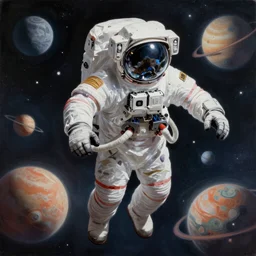 giant astronaut floating among the planets in the solar system, oil on canvas, intricate, 8k highly professionally detailed, HDR, CGsociety