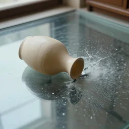 slowmo trail capture of a vase crashing against the glass floor