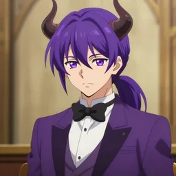 beautiful anime ( ( ( ( shion ) ) ) ) with purple hair, ( tensei shitara slime datta ken ) ( ( horn ) ) ( ( ( ponytail ) ) ) ( purple eyes ), a purple tuxedo, sharp focus, intricate, cell shaded, award winning photography, cinematic, digital painting, cinematic, wlop, 8 k, by ross tran, tom bagshaw