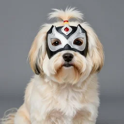 portrait of a cream colored havanese dog wearing a lucha libre masking, sandra chevrie