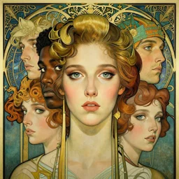 an art nouveau, ( art deco ), multi - racial portrait in the style of anna dittmann and charlie bowater and loish. very large, clear, expressive, and intelligent eyes. centered, ultrasharp focus, dramatic lighting, photorealistic digital matte painting, intricate symmetrical ultra detailed background.