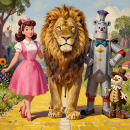 A mixed media portrait painting of Dorothy and the Cowardly Lion and Tin Man and Scarecrow on the Yellow Brick Road, by Frank Frazetta, Boris Vallejo, Beeple, Greg Rutkowski, Christian MacNevin, eighties-pinup style, epic fantasy character art, high fantasy, CGsociety, exquisite detail, post-processing, masterpiece, cinematic